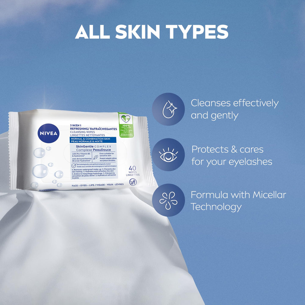 NIVEA 3-in-1 Refreshing Face Cleansing Wipes (40 ct) – Biodegradable Plant-Based Fibres