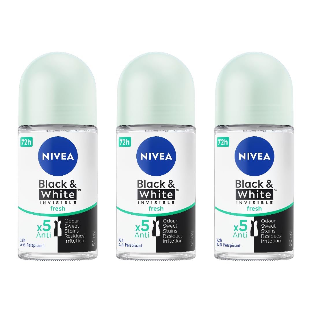 NIVEA Black & White Invisible Fresh Roll-On Deodorant 50 mL – 72H Odor Protection, Anti-Stain, Alcohol-Free