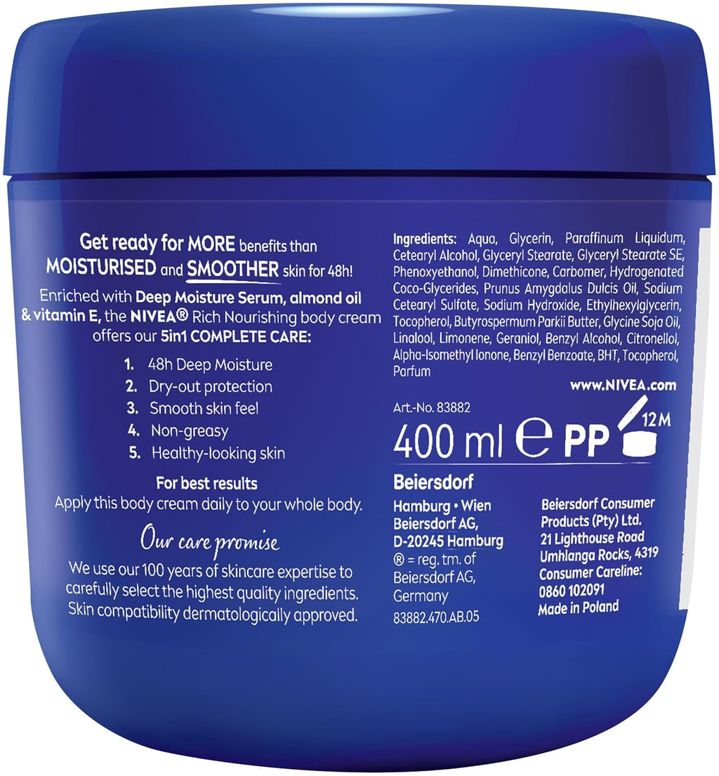 NIVEA Rich Nourishing Body Cream with Almond Oil – 400ml Jar | Deep Moisture