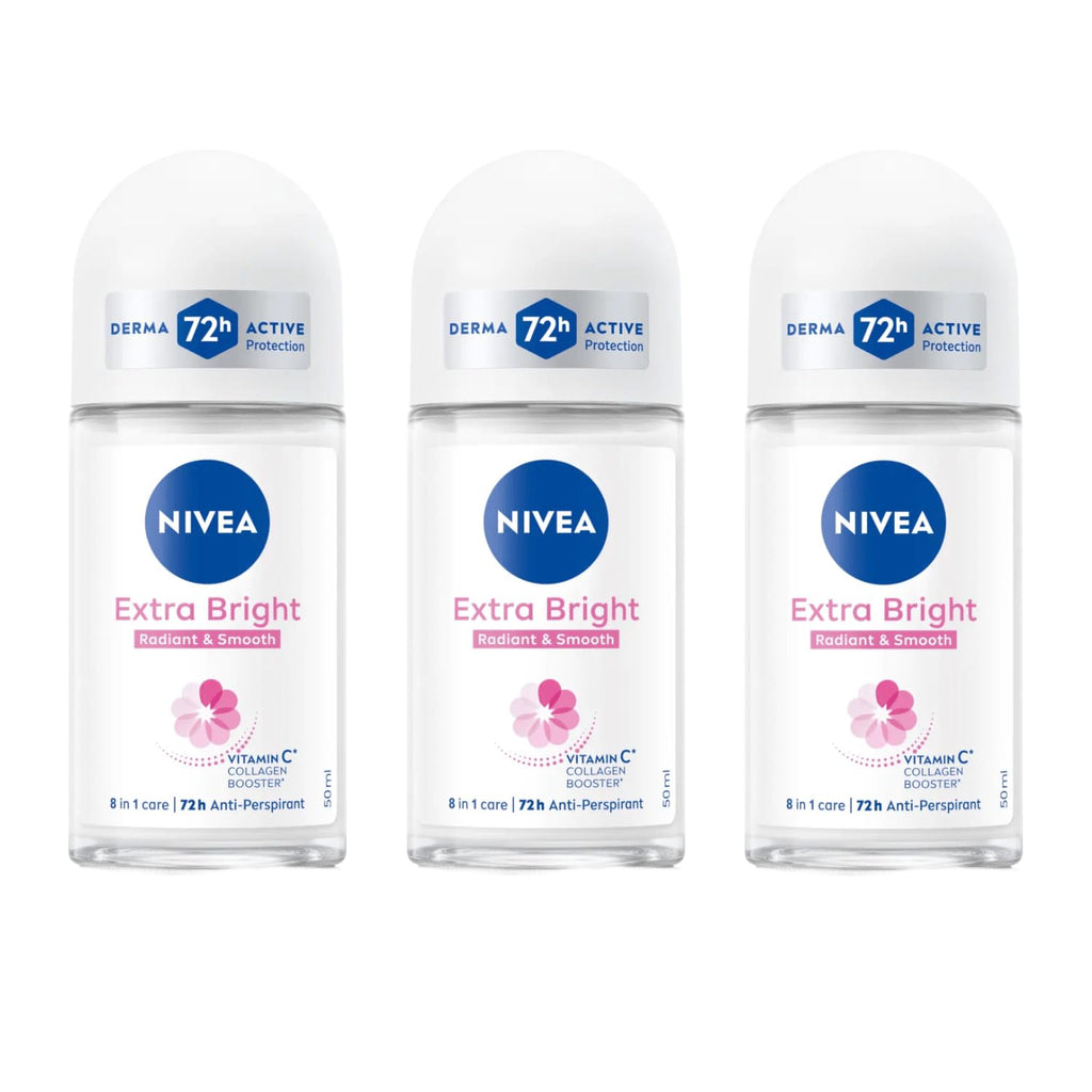 NIVEA Extra Bright 8 Super Food Vitamin C Collagen Booster Underarm Roll-On Deodorant - Alcohol-Free, 72HR Odor Protection, 3x50ml
