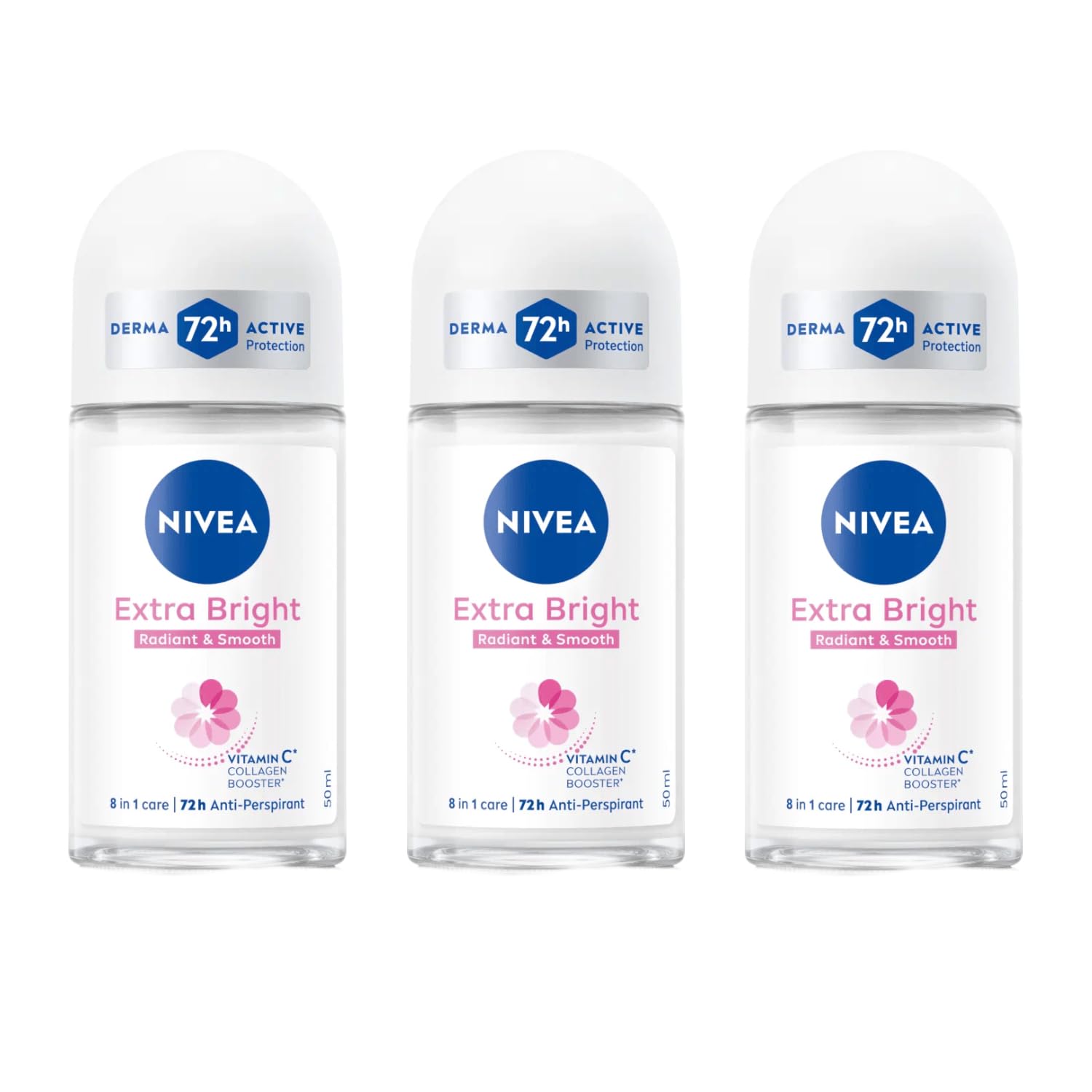 NIVEA Extra Bright 8 Super Food Vitamin C Collagen Booster Underarm Roll-On Deodorant - Alcohol-Free, 72HR Odor Protection, 3x50ml
