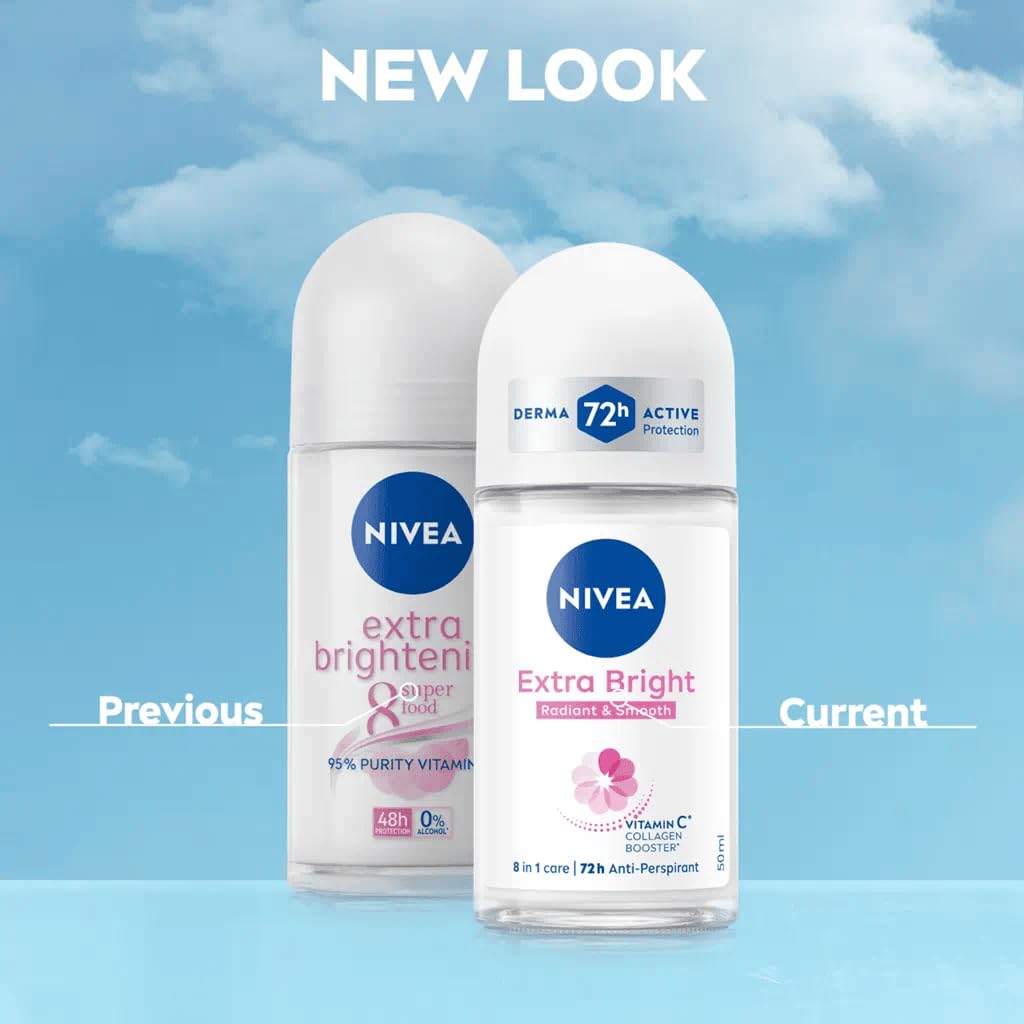 NIVEA Extra Bright 8 Super Food Vitamin C Collagen Booster Underarm Roll-On Deodorant - Alcohol-Free, 72HR Odor Protection, 3x50ml