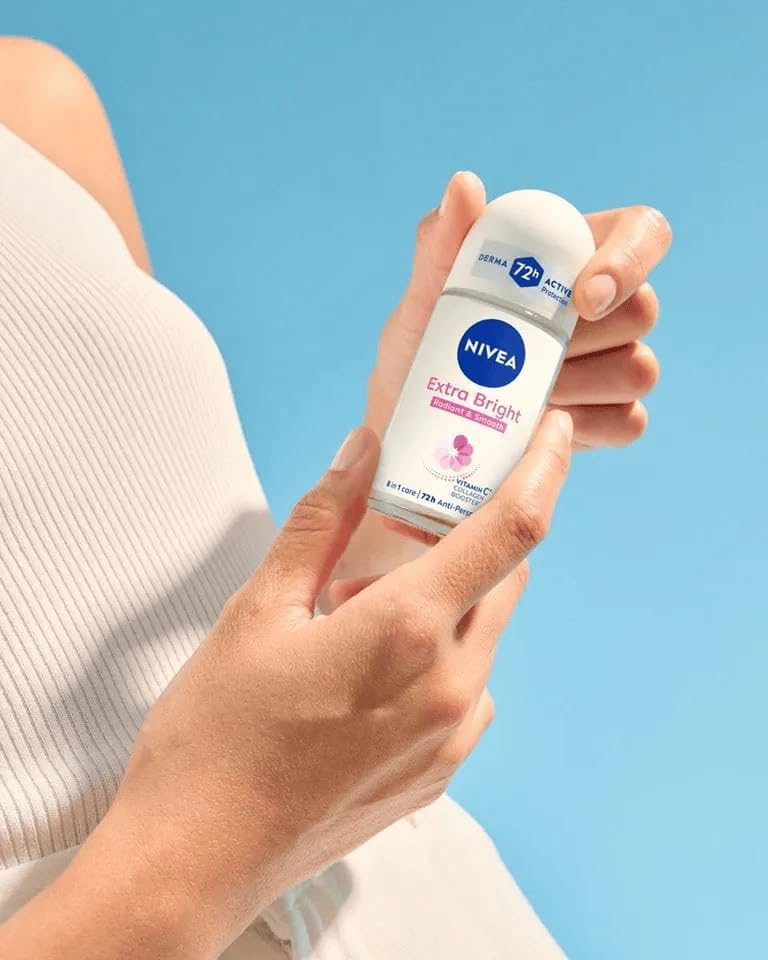 NIVEA Extra Bright 8 Super Food Vitamin C Collagen Booster Underarm Roll-On Deodorant - Alcohol-Free, 72HR Odor Protection, 3x50ml