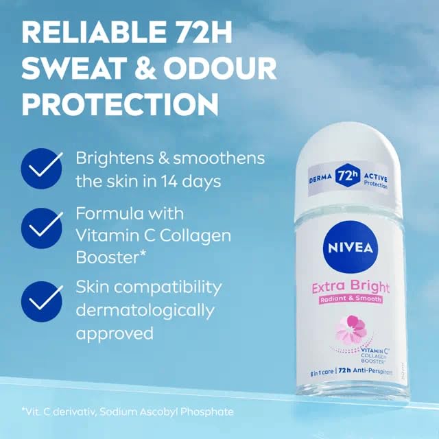 NIVEA Extra Bright 8 Super Food Vitamin C Collagen Booster Underarm Roll-On Deodorant - Alcohol-Free, 72HR Odor Protection, 3x50ml