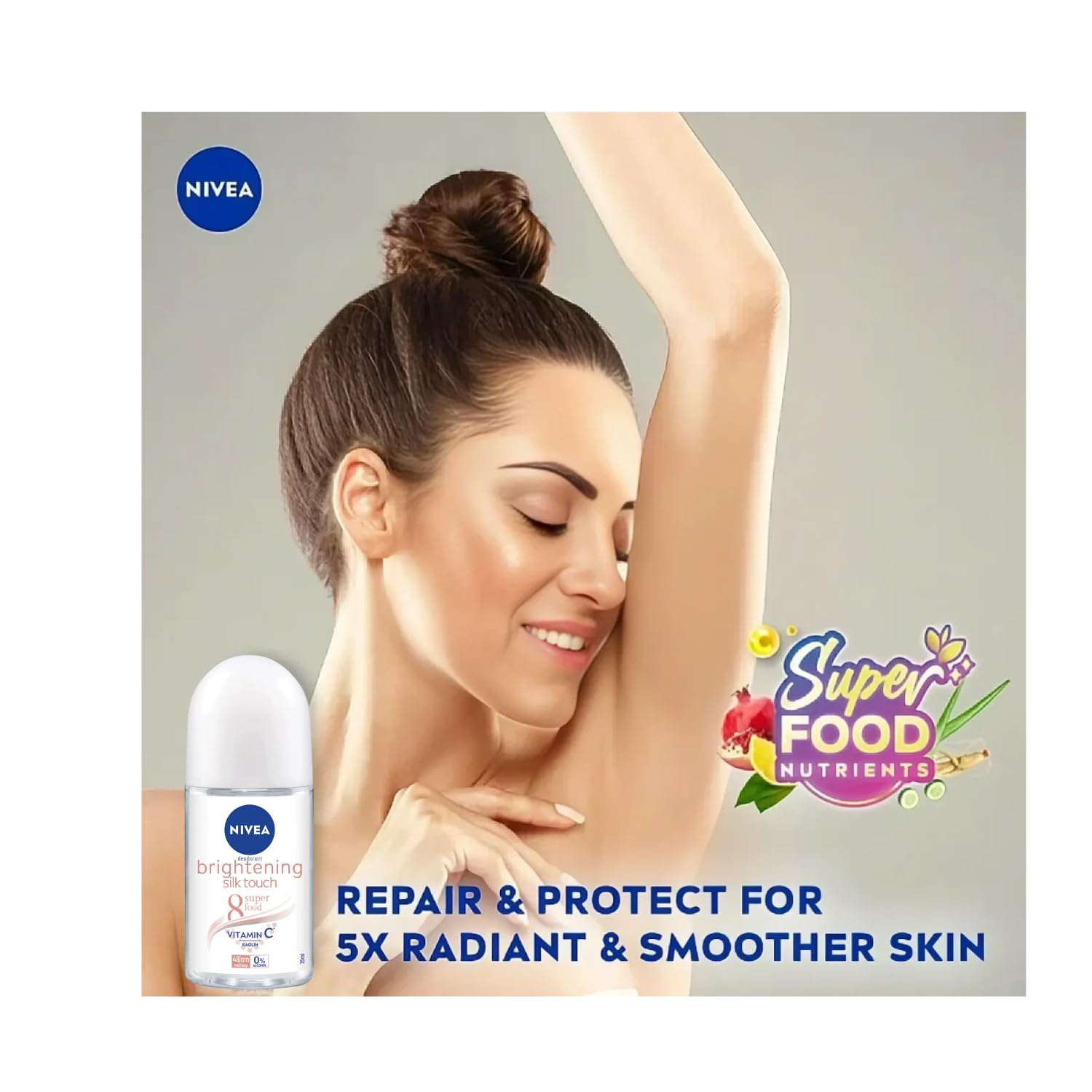 NIVEA Extra Brightening 8 Super Foods Vitamin C Collagen Booster Roll-On Deodorant – Silk Touch, Alcohol-Free, 48HR Odor Protection, Twin Pack 2 x 50ml