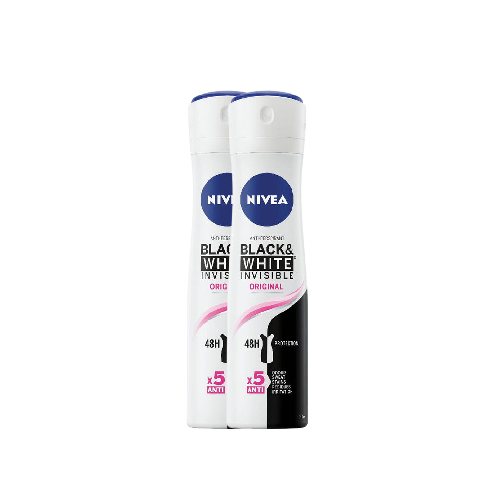 NIVEA Invisible Black & White Original Anti-Perspirant Spray – 2-Pack, 48h Protection, No White Marks, Alcohol-Free