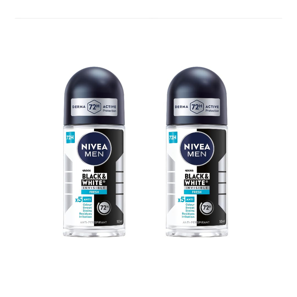 NIVEA Men Black & White Invisible Roll-On Deodorant 50ml – 72H Protection, No White Marks, 2-Pack