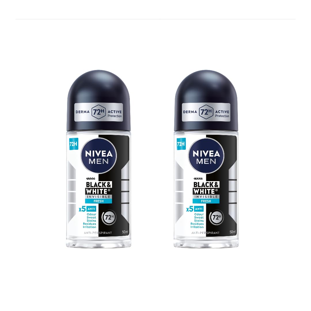 NIVEA Men Black & White Invisible Roll-On Deodorant 50ml – 72H Protection, No White Marks, 2-Pack