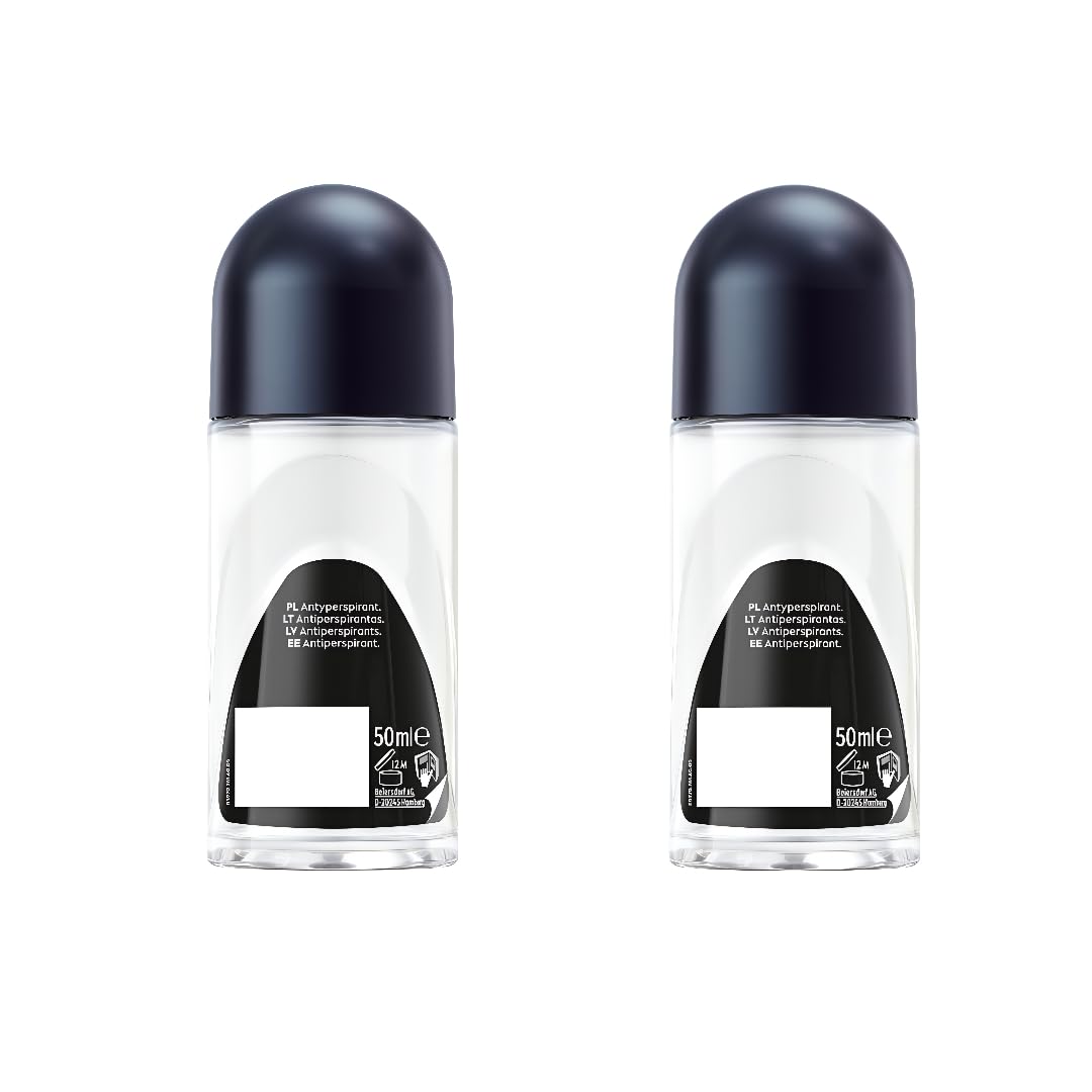 NIVEA Men Black & White Invisible Roll-On Deodorant 50ml – 72H Protection, No White Marks, 2-Pack