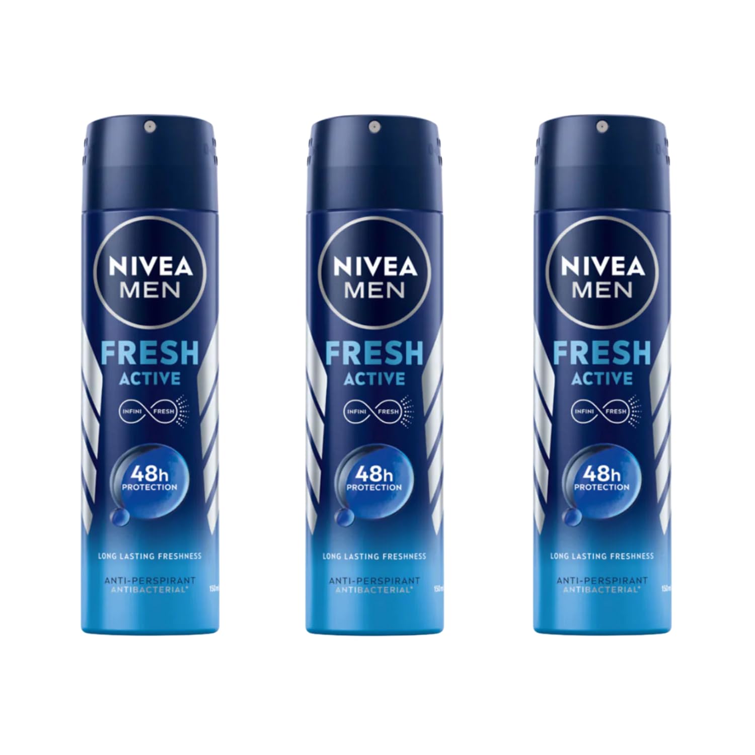NIVEA MEN Fresh Active Deodorant Spray – INFINIFRESH, 48H Odor Protection, Aluminum-Free, 3 x 150ml