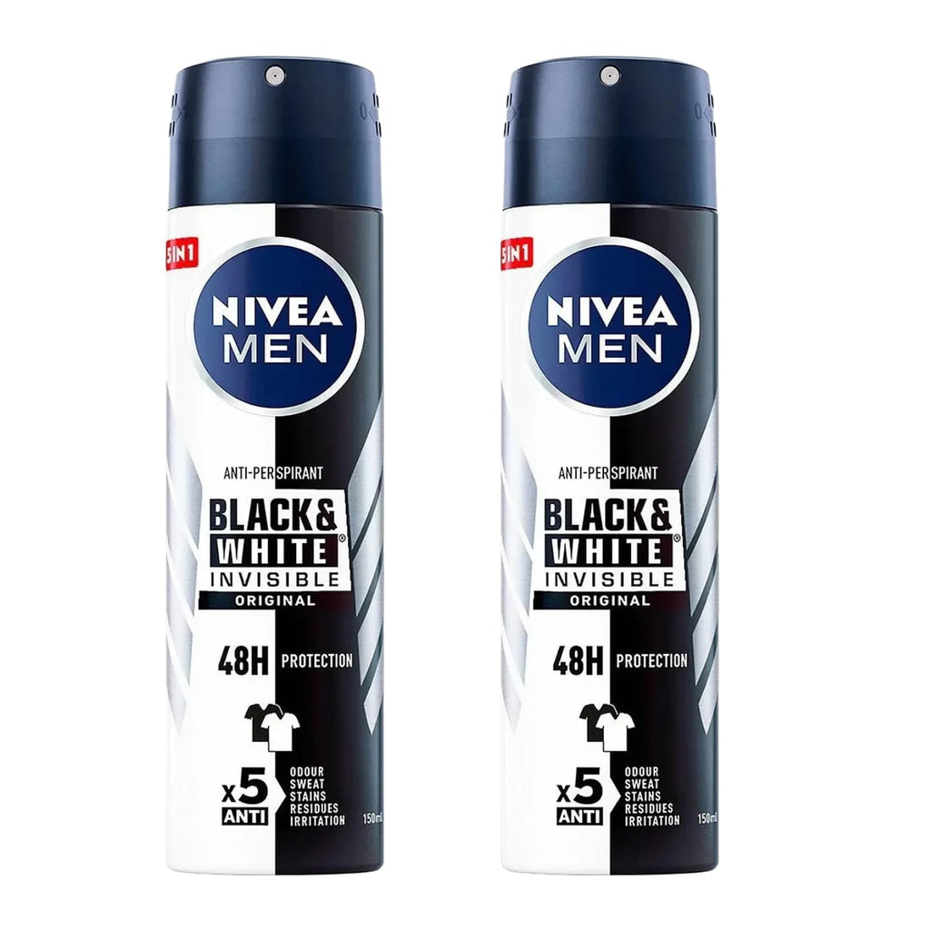 NIVEA Men Invisible for Black & White Original Anti-Perspirant Spray 150ml – 2-Pack | 48h Protection, No White Marks, No Ethyl Alcohol