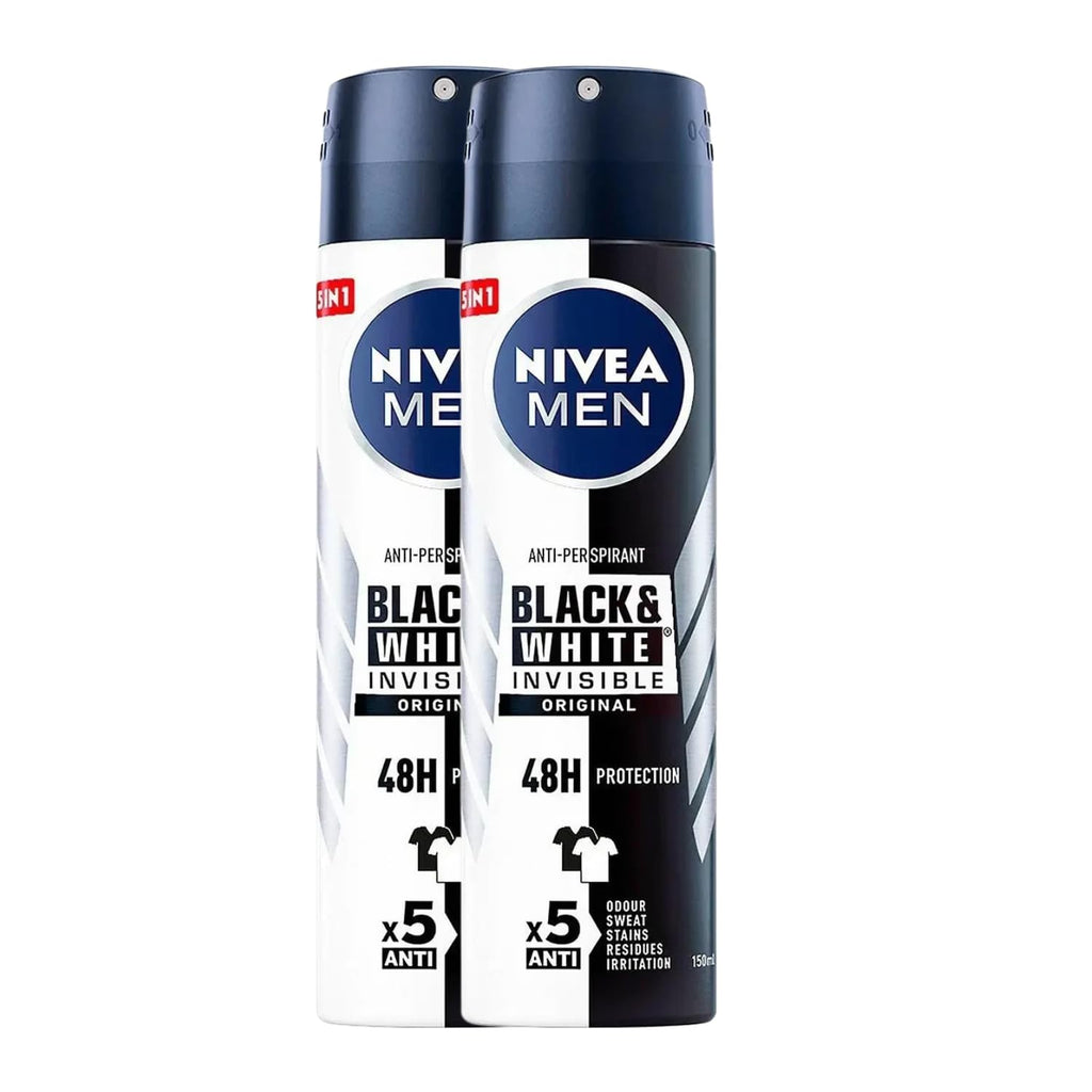 NIVEA Men Invisible for Black & White Original Anti-Perspirant Spray 150ml – 2-Pack | 48h Protection, No White Marks, No Ethyl Alcohol