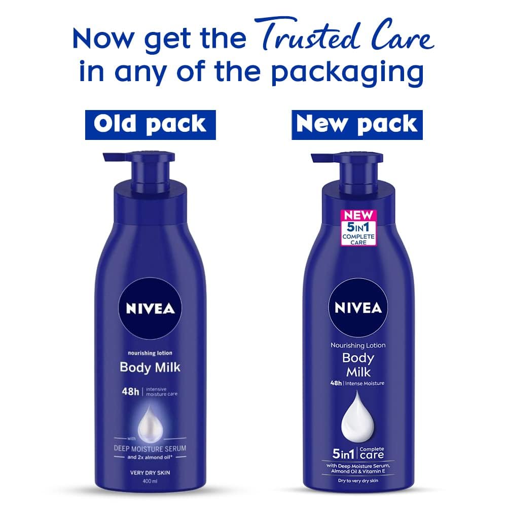 NIVEA Nourishing Body Milk – 48-Hour Deep Moisture with Almond Oil | Fast-Absorbing, Non-Greasy Lotion (400ml, Pack of 2)