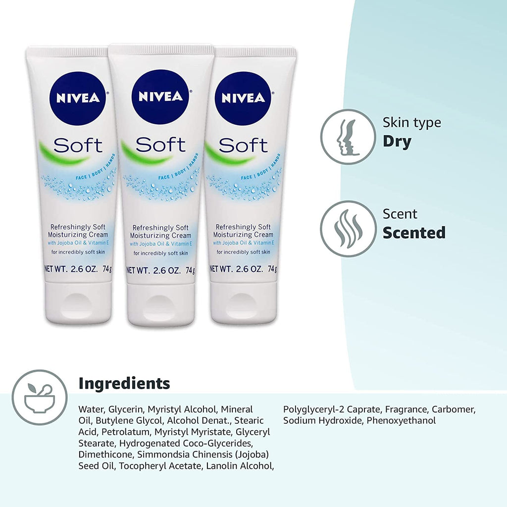 NIVEA Soft Moisturizing Creme 2.6 oz — Pack of 6 | Lightweight Hydration for Skin