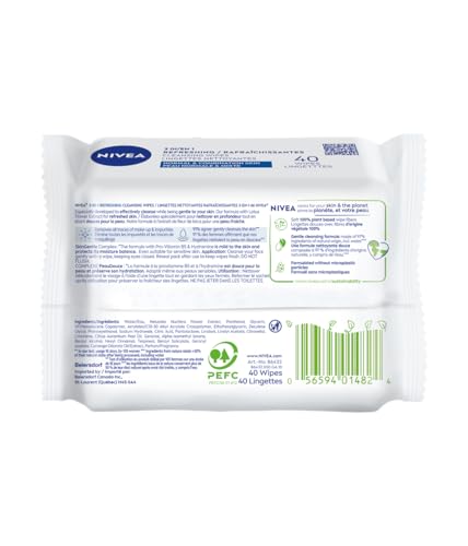 NIVEA 3-in-1 Refreshing Face Cleansing Wipes (40 ct) – Biodegradable Plant-Based Fibres