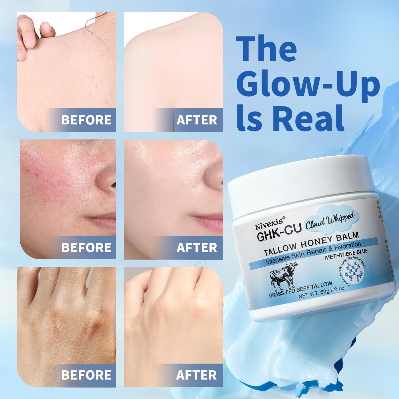 Nivexis Copper Peptides GHK-Cu Balm with Grass-Fed Tallow, Honey & Methylene Blue – All Skin Types, 2 Oz