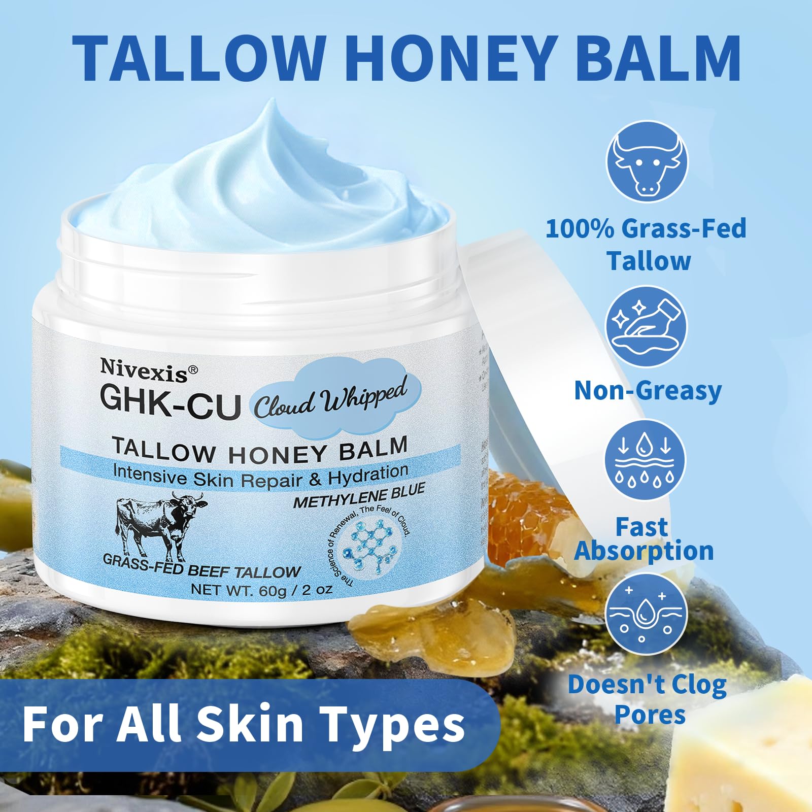 Nivexis Copper Peptides GHK-Cu Balm with Grass-Fed Tallow, Honey & Methylene Blue – All Skin Types, 2 Oz