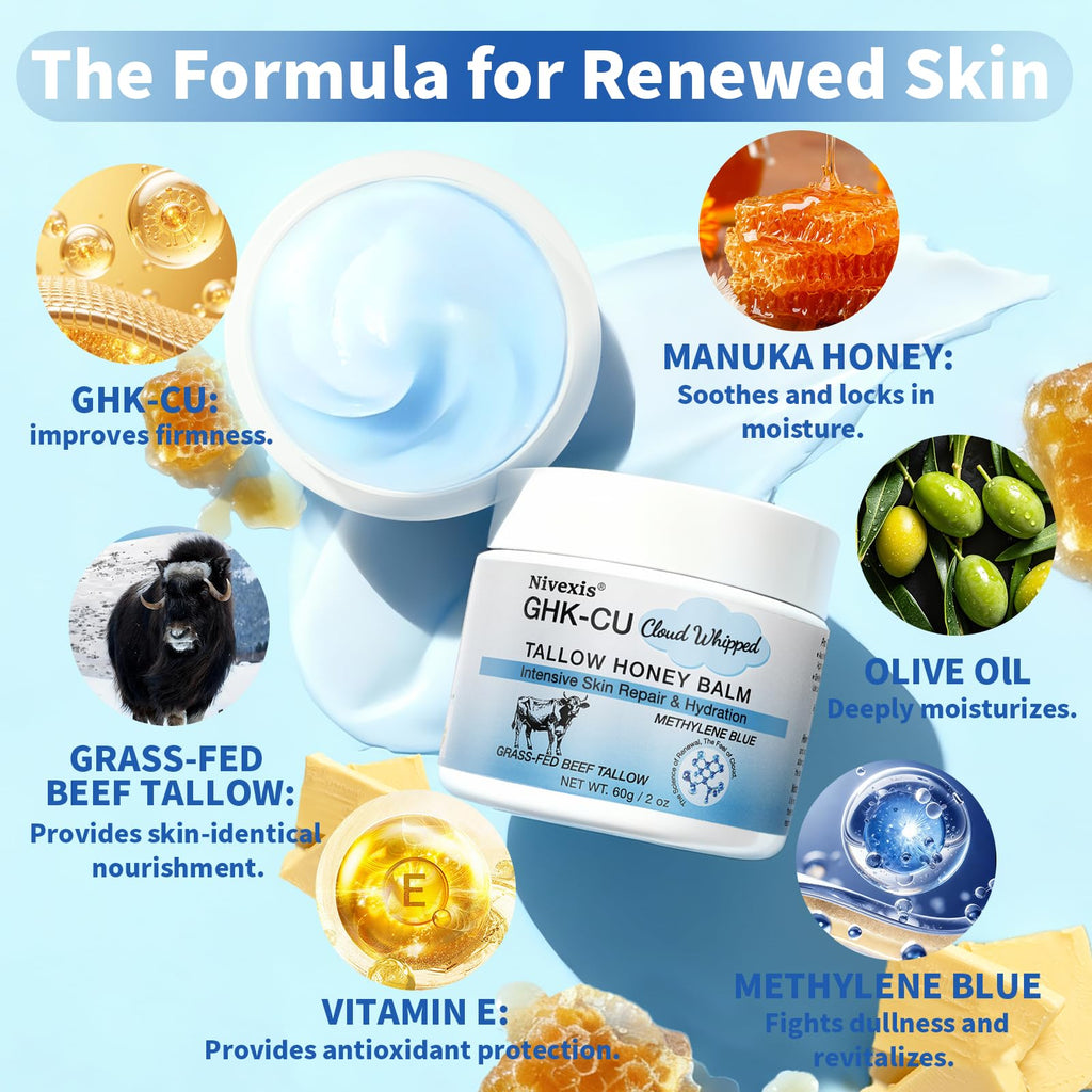 Nivexis Copper Peptides GHK-Cu Balm with Grass-Fed Tallow, Honey & Methylene Blue – All Skin Types, 2 Oz