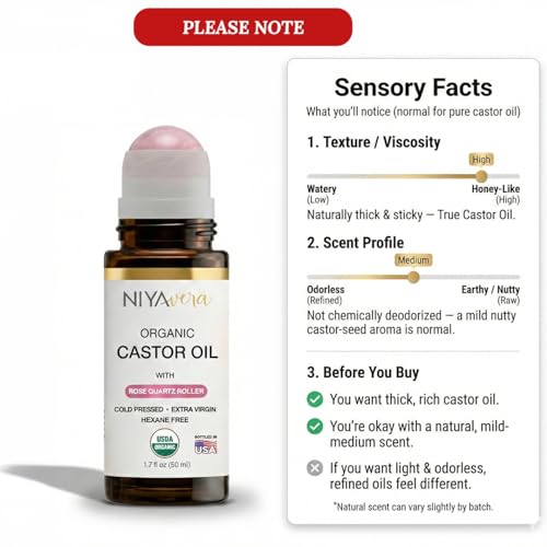 NIYAVERA Organic Castor Oil Roll-On with Rose Quartz Roller – Cold-Pressed, Hexane-Free, 1.7 oz