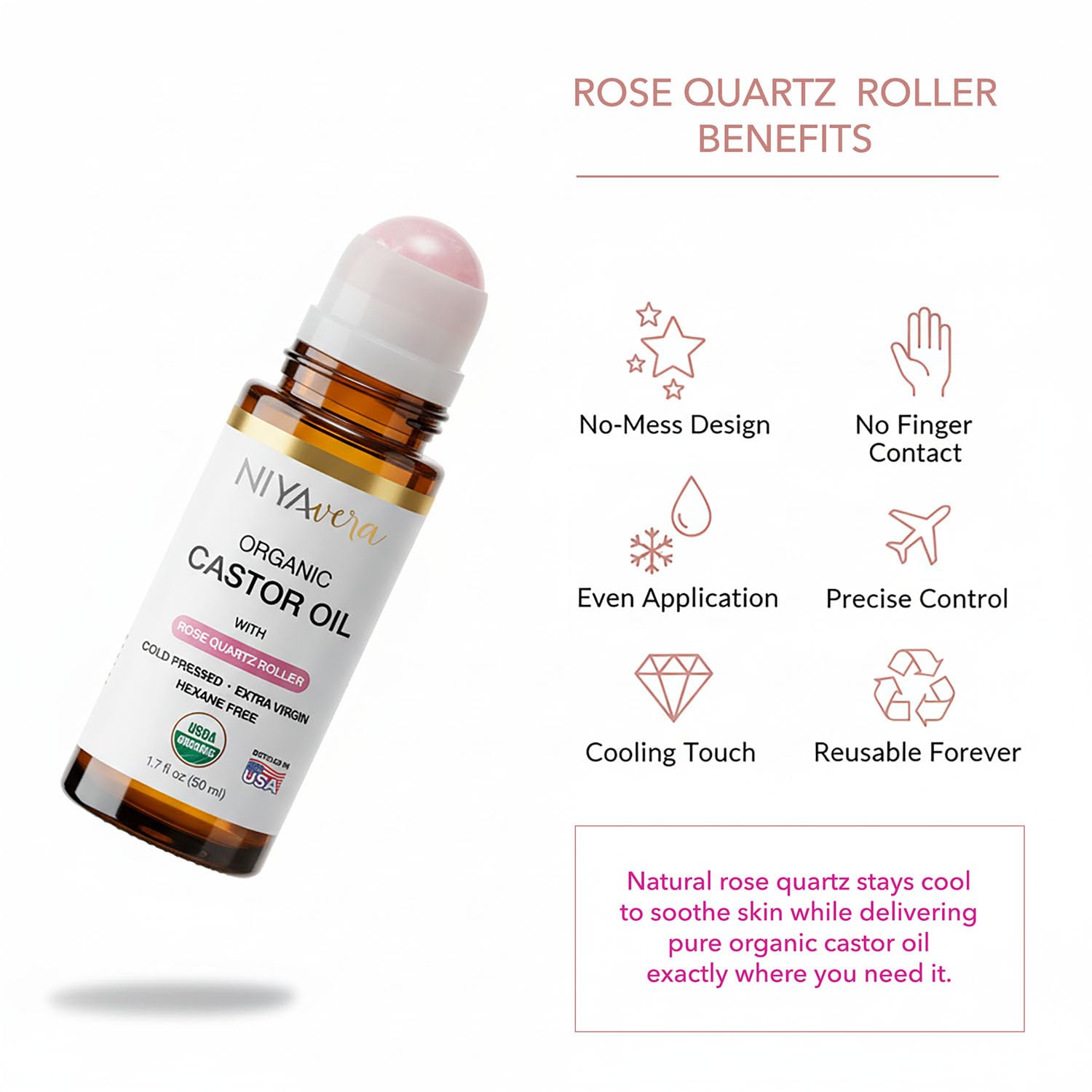 NIYAVERA Organic Castor Oil Roll-On with Rose Quartz Roller – Cold-Pressed, Hexane-Free, 1.7 oz