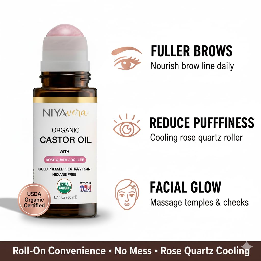 NIYAVERA Organic Castor Oil Roll-On with Rose Quartz Roller – Cold-Pressed, Hexane-Free, 1.7 oz