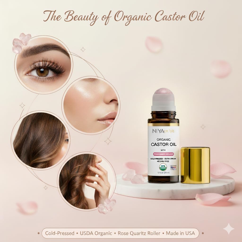 NIYAVERA Organic Castor Oil Roll-On with Rose Quartz Roller – Cold-Pressed, Hexane-Free, 1.7 oz