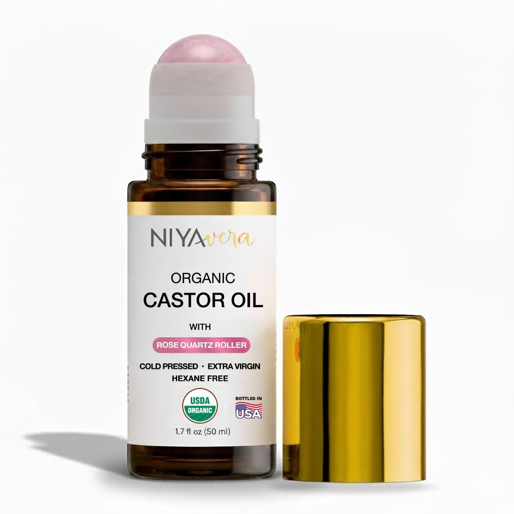 NIYAVERA Organic Castor Oil Roll-On with Rose Quartz Roller – Cold-Pressed, Hexane-Free, 1.7 oz