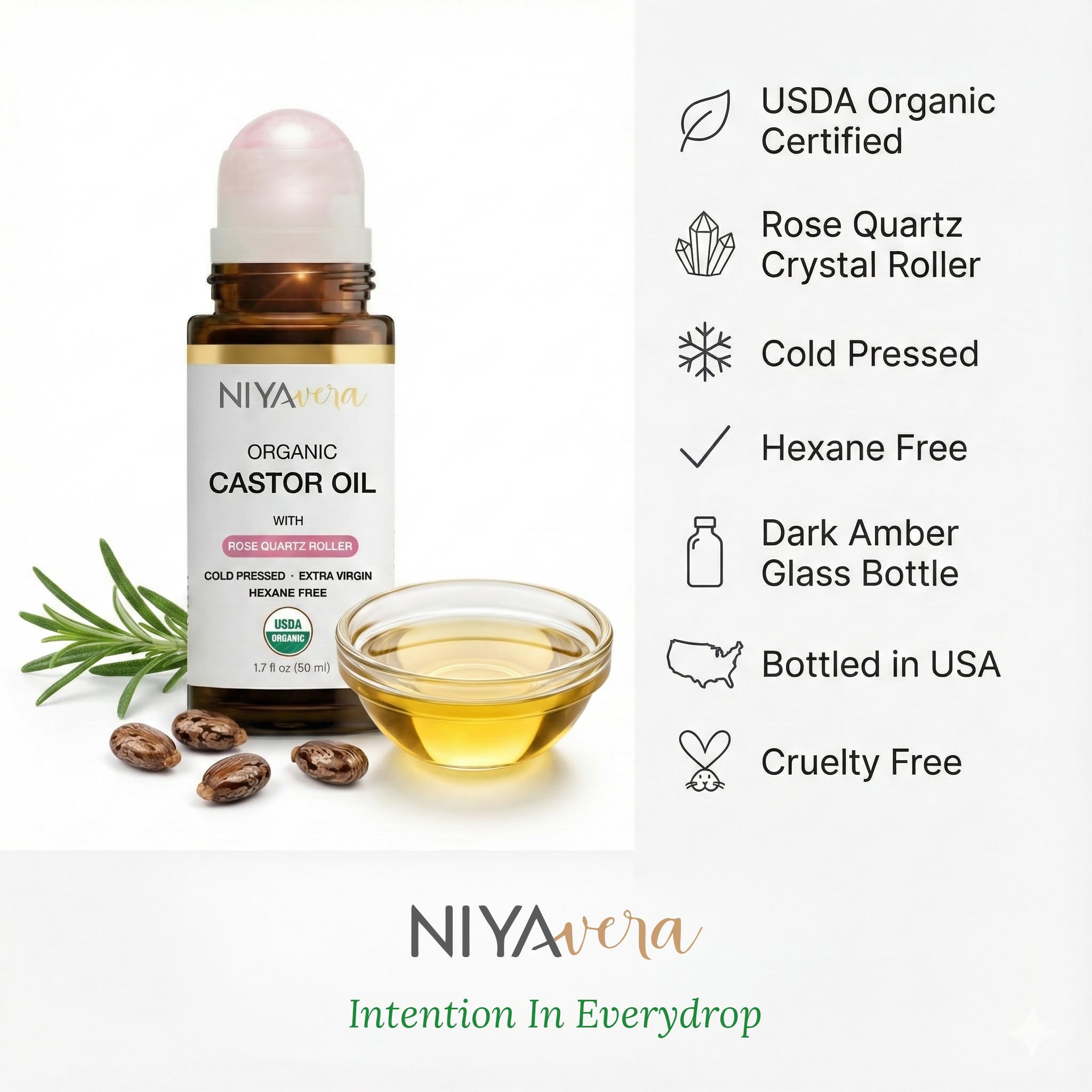 NIYAVERA Organic Castor Oil Roll-On with Rose Quartz Roller – Cold-Pressed, Hexane-Free, 1.7 oz