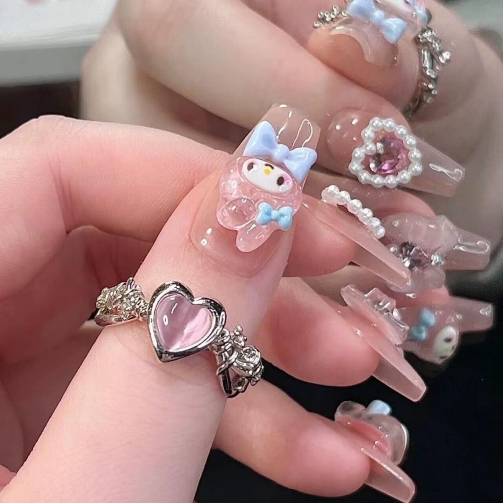 NLSJMP Thick Gel Press On Nails – Pink Square Acrylic, Reusable Rabbit Kawaii Set (10 Pcs, Size L)