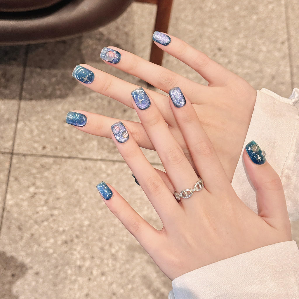 NLSJMP 3D Handmade Gel Nails Press On Kit — Short Square, Blue Purple Cosmic Planet