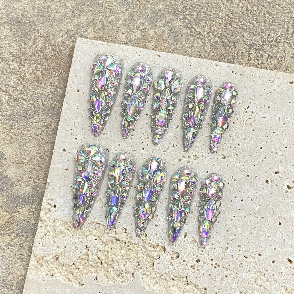 NLSJMP 3D Handmade Long Stiletto Press-On Nails – Almond Shape, Rhinestone Glitter Kit, 10 Pcs, Size S #986