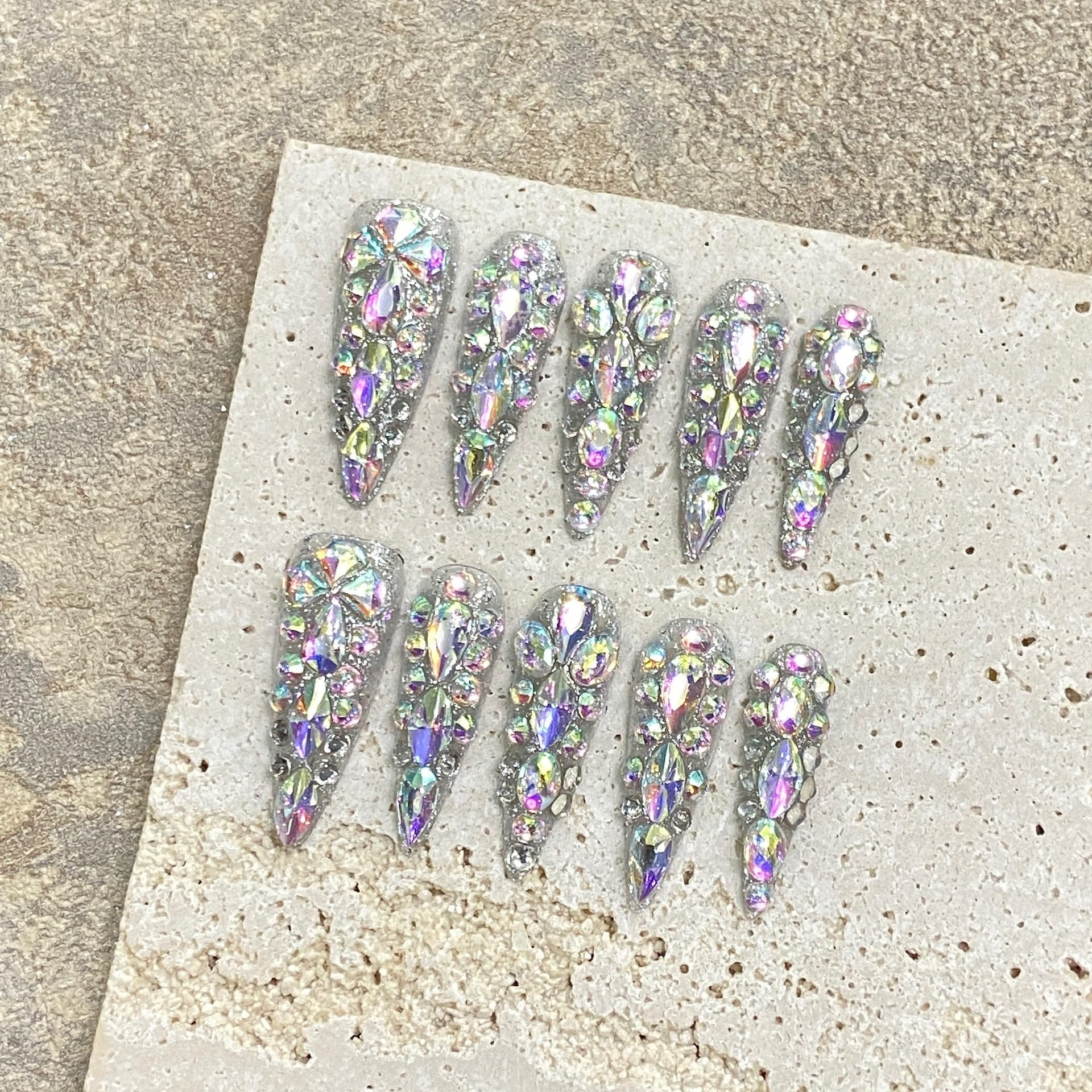 NLSJMP 3D Handmade Long Stiletto Press-On Nails – Almond Shape, Rhinestone Glitter Kit, 10 Pcs, Size S #986