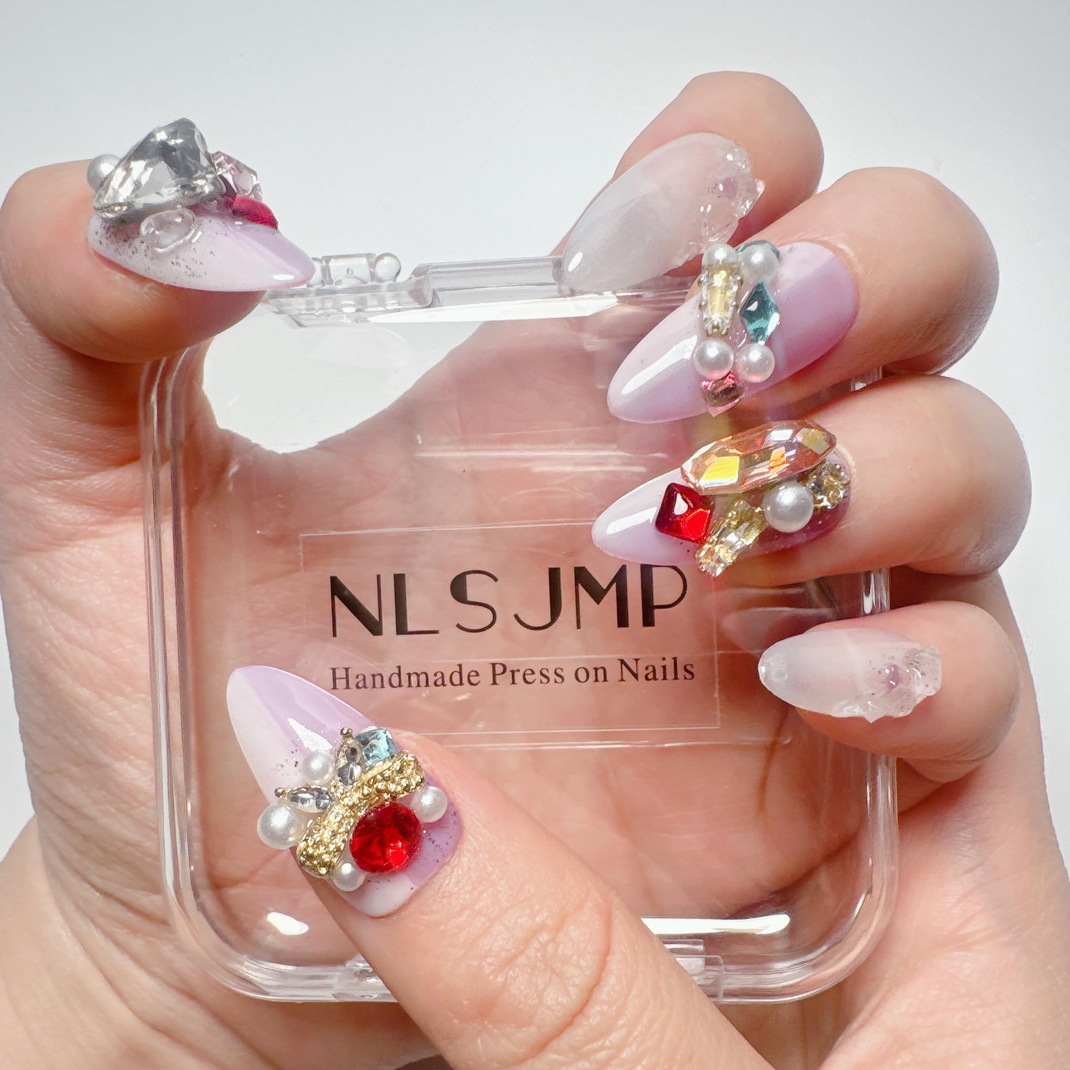 NLSJMP Purple Gel Press On Nails Almond – 3D Handmade Salon-Quality Acrylic, Reusable 10 Pcs Size M (#807)