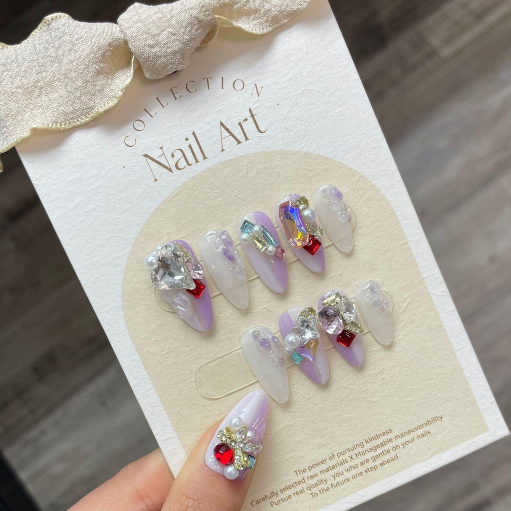 NLSJMP Purple Gel Press On Nails Almond – 3D Handmade Salon-Quality Acrylic, Reusable 10 Pcs Size M (#807)