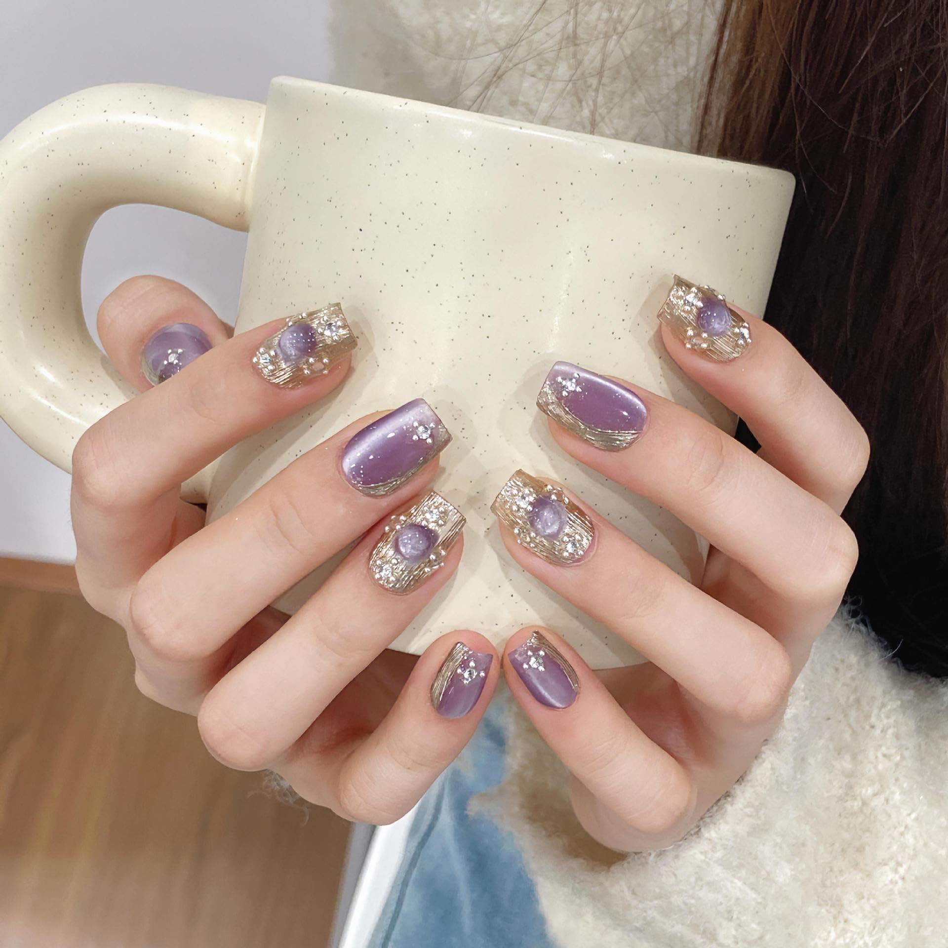 NLSJMP Handmade Short Square Press-On Nails – Luxury 10pc Purple Kit, Size S