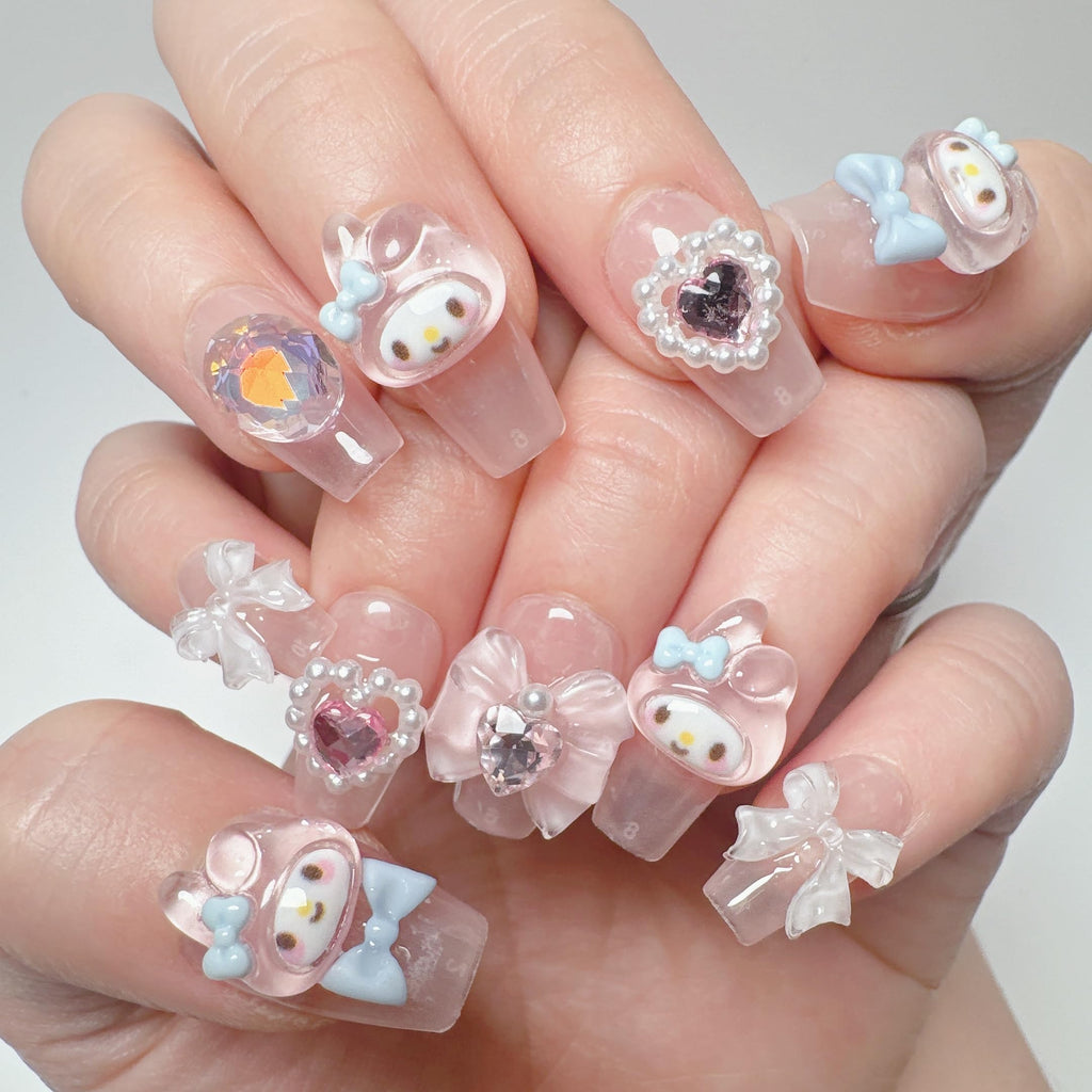 NLSJMP Thick Gel Press On Nails – Pink Square Acrylic, Reusable Rabbit Kawaii Set (10 Pcs, Size L)