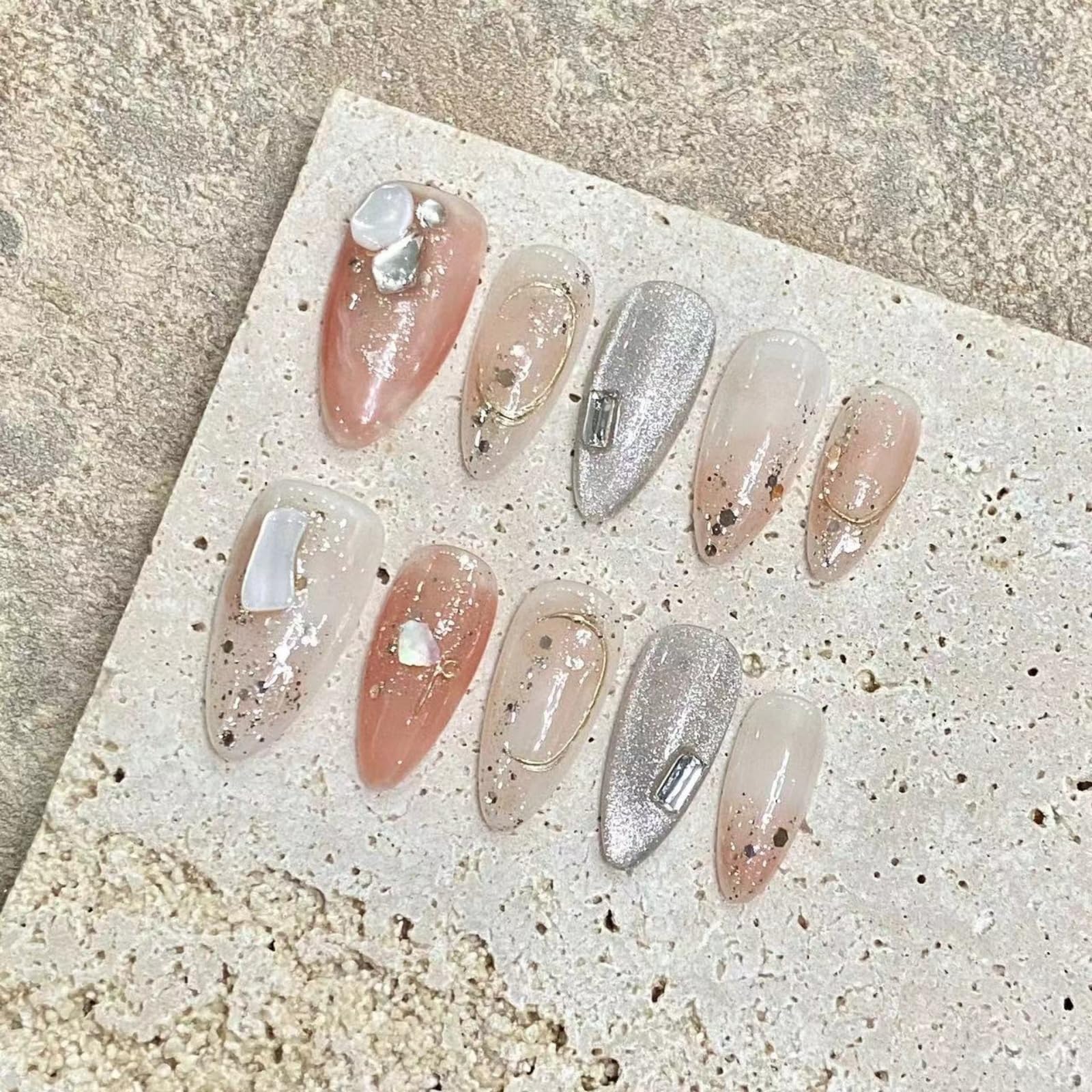 NLSJMP Handmade Press-On Nails Kit – Glitter Orange/White/Silver Rhinestones, 10pcs Size S, Includes Toolkit