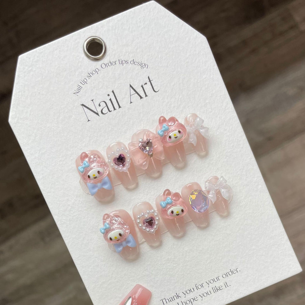 NLSJMP Thick Gel Press On Nails – Pink Square Acrylic, Reusable Rabbit Kawaii Set (10 Pcs, Size L)