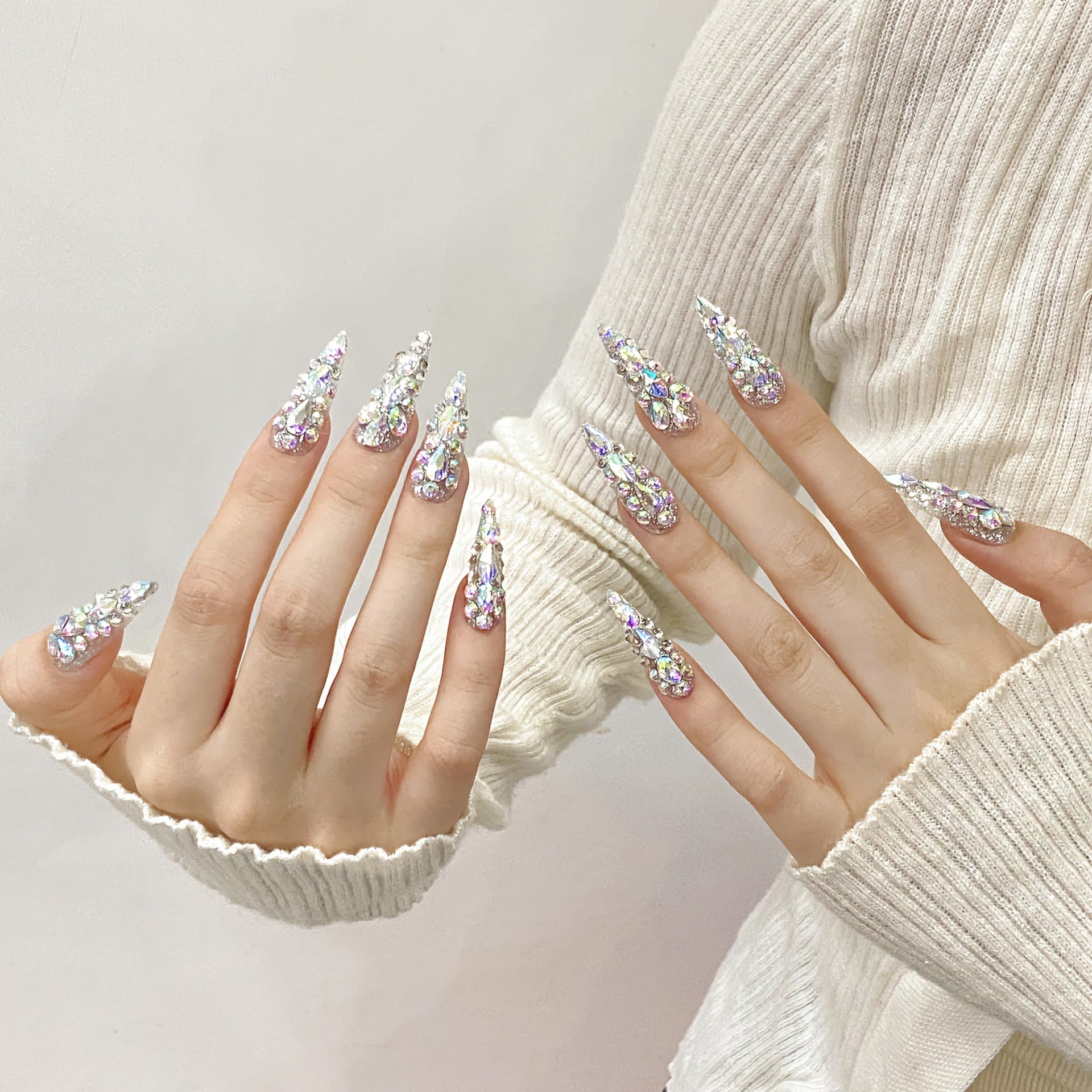 NLSJMP 3D Handmade Long Stiletto Press-On Nails – Almond Shape, Rhinestone Glitter Kit, 10 Pcs, Size S #986