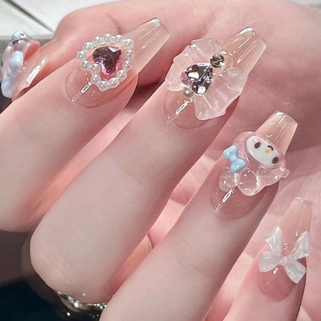 NLSJMP Thick Gel Press On Nails – Pink Square Acrylic, Reusable Rabbit Kawaii Set (10 Pcs, Size L)