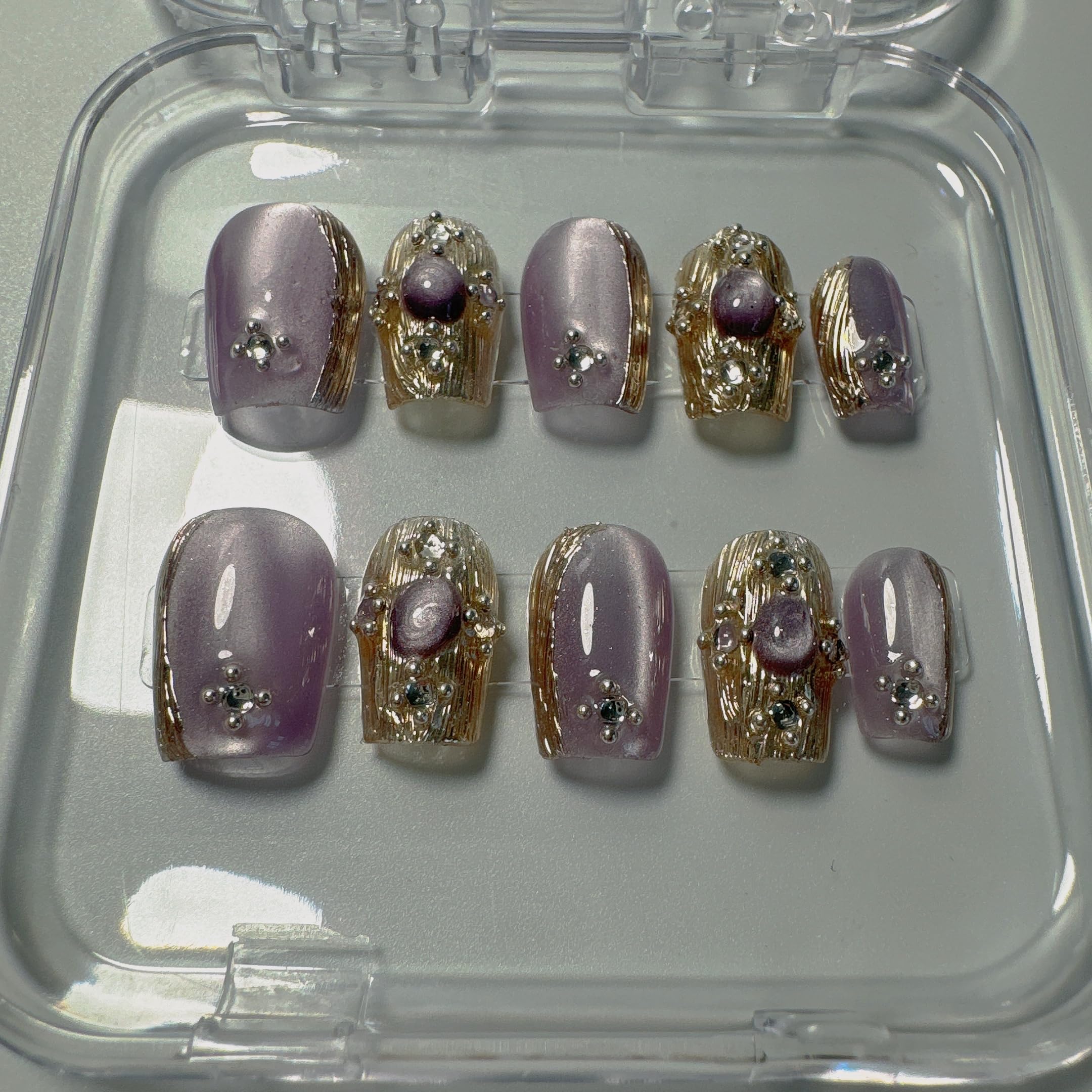 NLSJMP Handmade Short Square Press-On Nails – Luxury 10pc Purple Kit, Size S