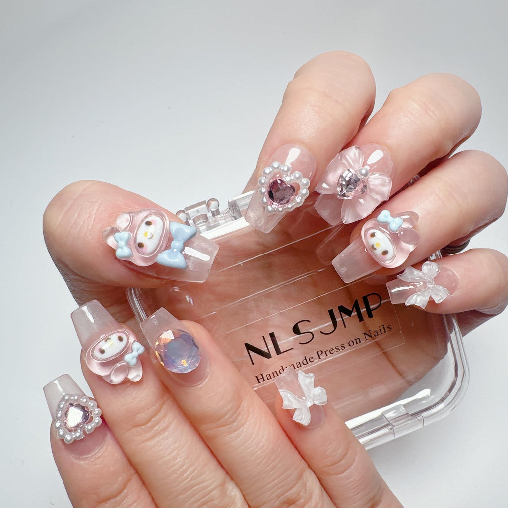 NLSJMP Thick Gel Press On Nails – Pink Square Acrylic, Reusable Rabbit Kawaii Set (10 Pcs, Size L)