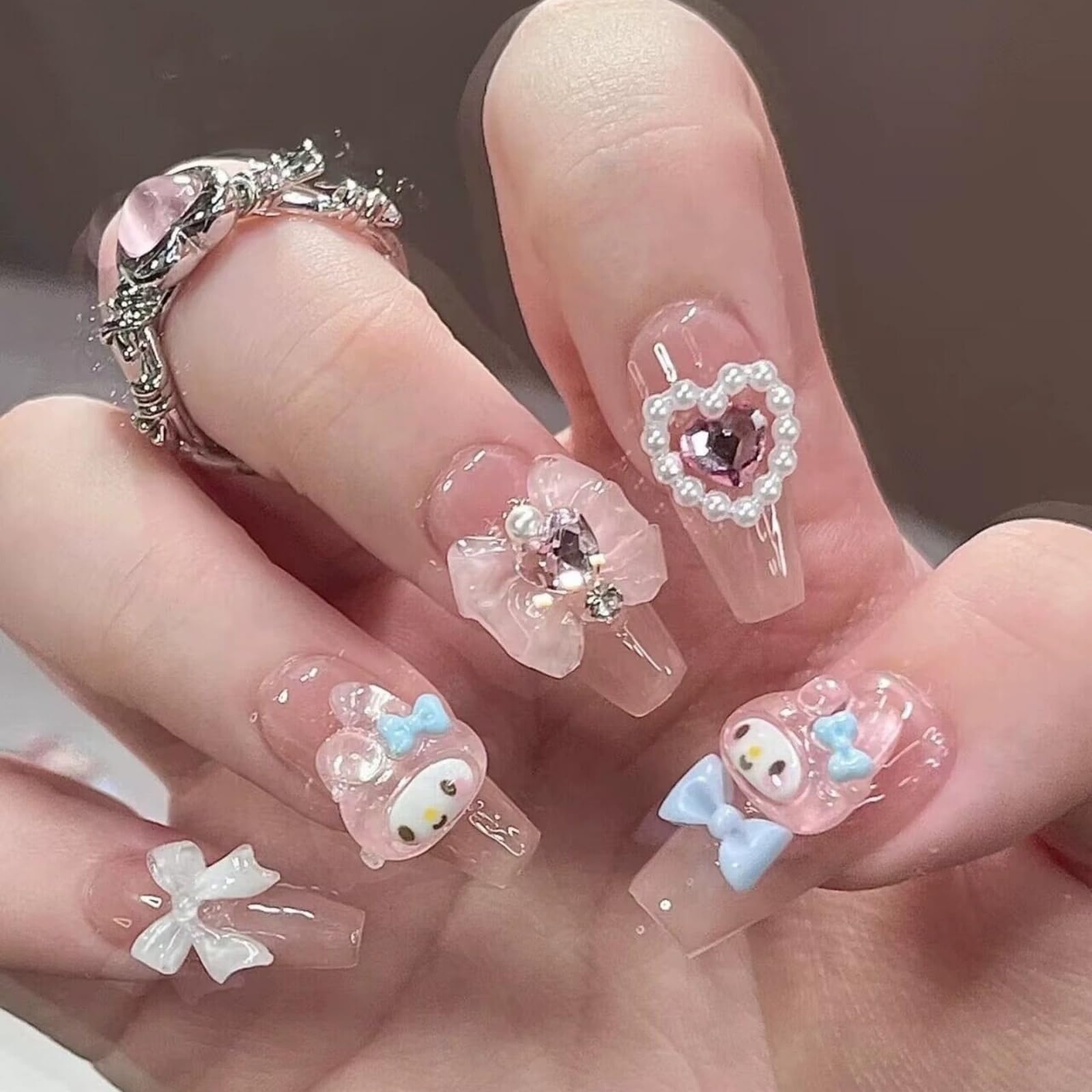 NLSJMP Thick Gel Press On Nails – Pink Square Acrylic, Reusable Rabbit Kawaii Set (10 Pcs, Size L)