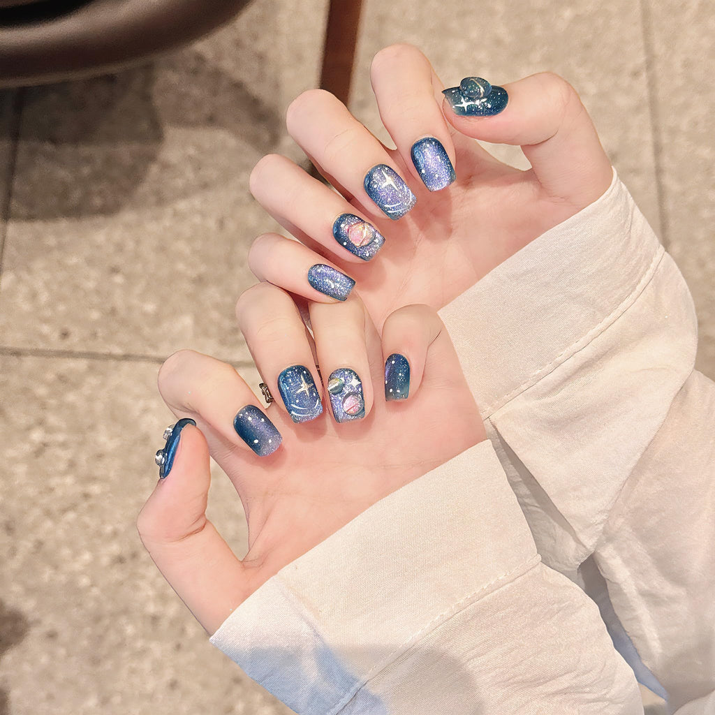 NLSJMP 3D Handmade Gel Nails Press On Kit — Short Square, Blue Purple Cosmic Planet