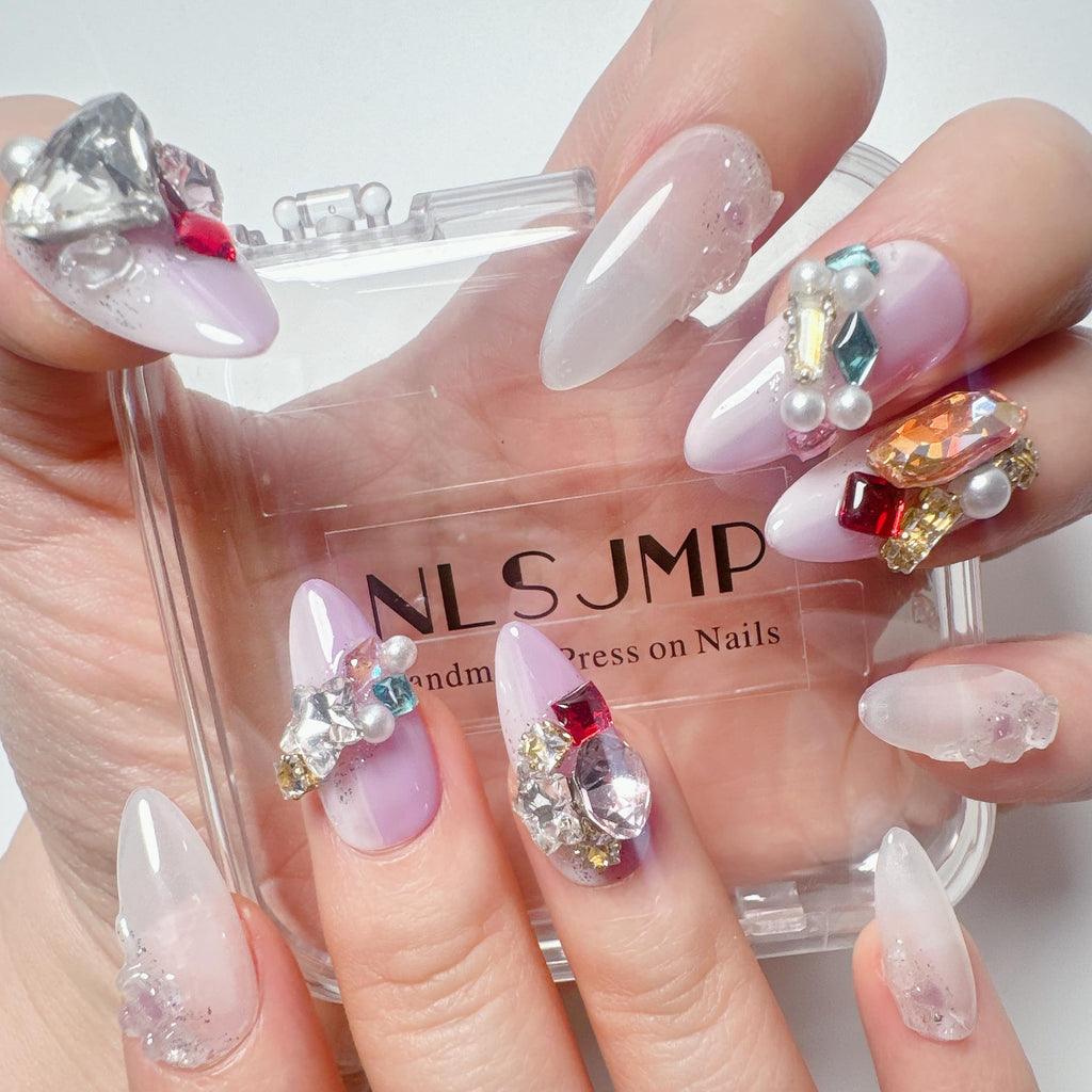 NLSJMP Purple Gel Press On Nails Almond – 3D Handmade Salon-Quality Acrylic, Reusable 10 Pcs Size M (#807)