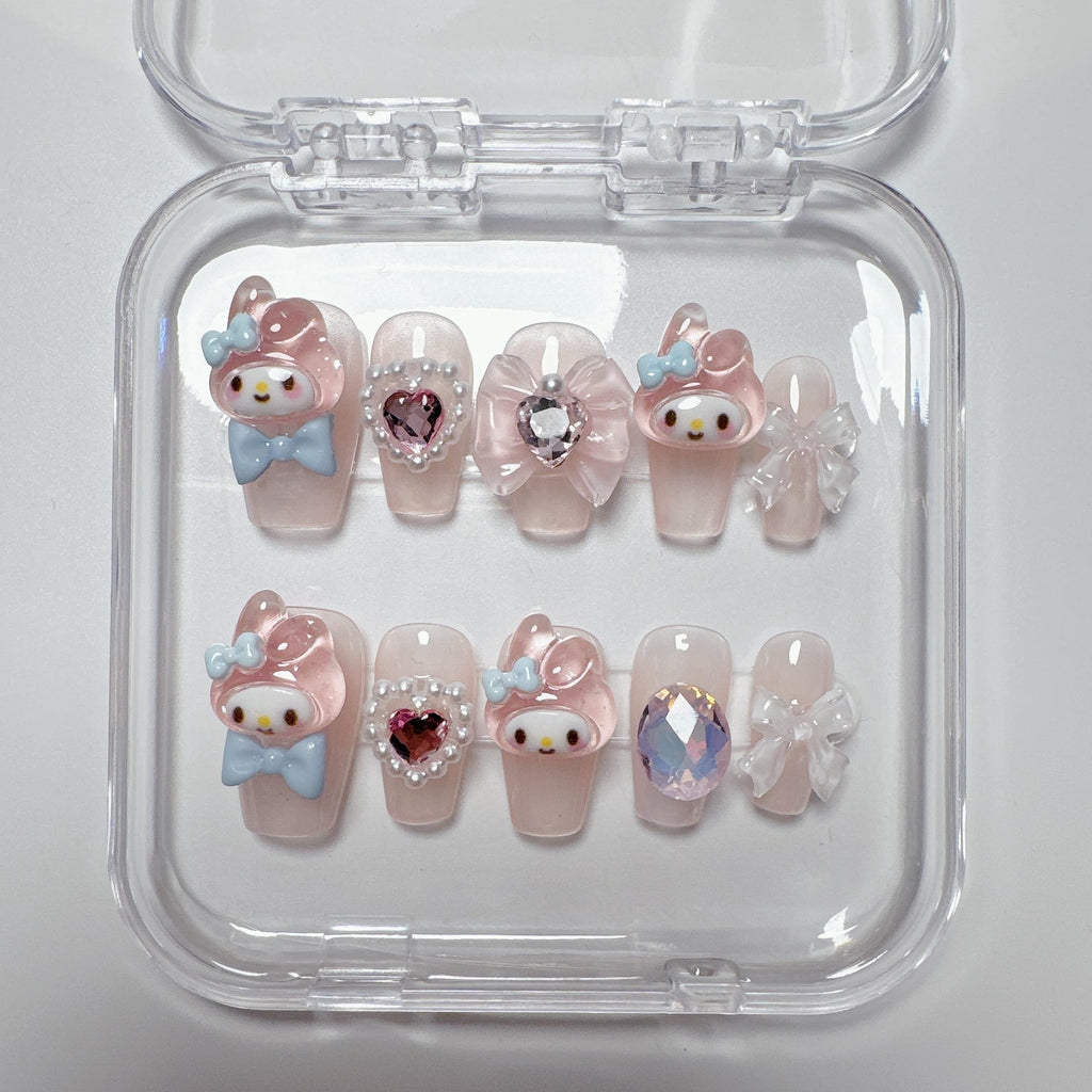 NLSJMP Thick Gel Press On Nails – Pink Square Acrylic, Reusable Rabbit Kawaii Set (10 Pcs, Size L)
