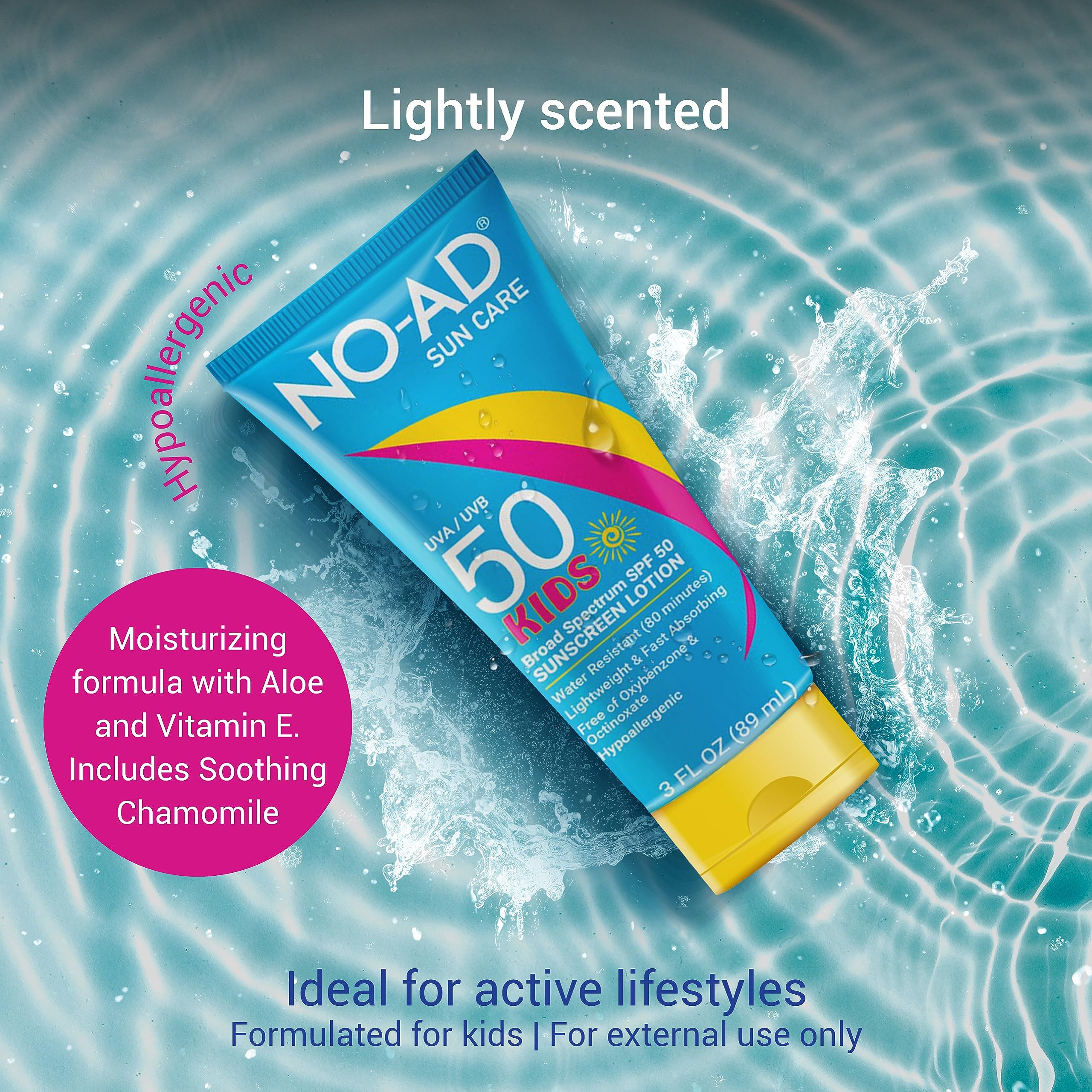 NO-AD Kids SPF 50 Sunscreen Lotion – Non-Greasy, Waterproof, Broad Spectrum (3 oz Pack of 3)