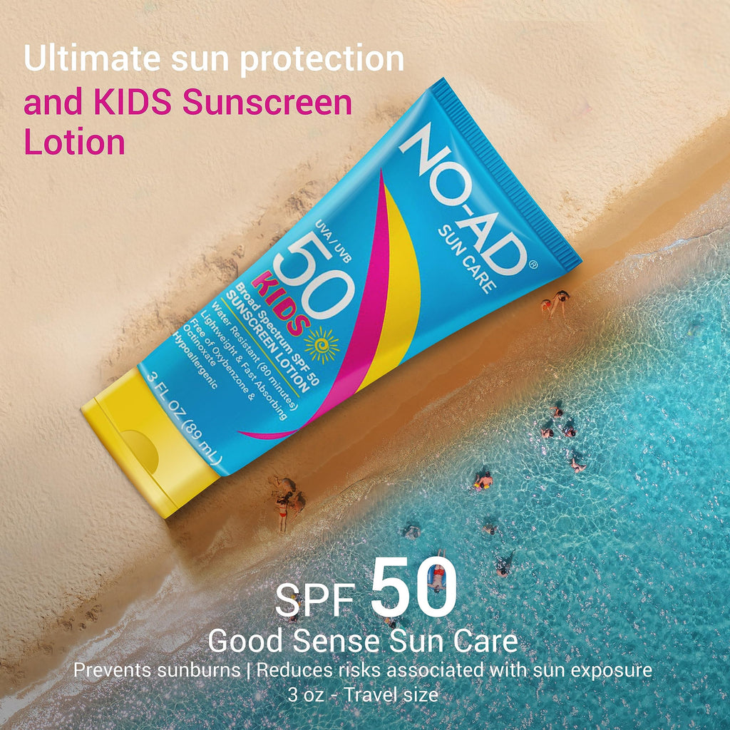 NO-AD Kids SPF 50 Sunscreen Lotion – Non-Greasy, Waterproof, Broad Spectrum (3 oz Pack of 3)