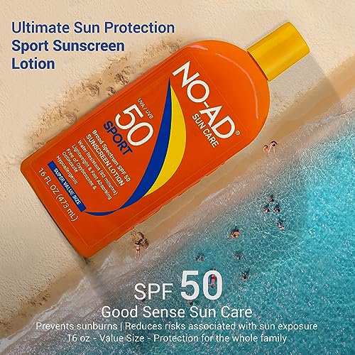 NO-AD SPF 50 SPORT Sunscreen Lotion – Hypoallergenic, Broad Spectrum UVA/UVB, Water Resistant, 16oz Pack of 2