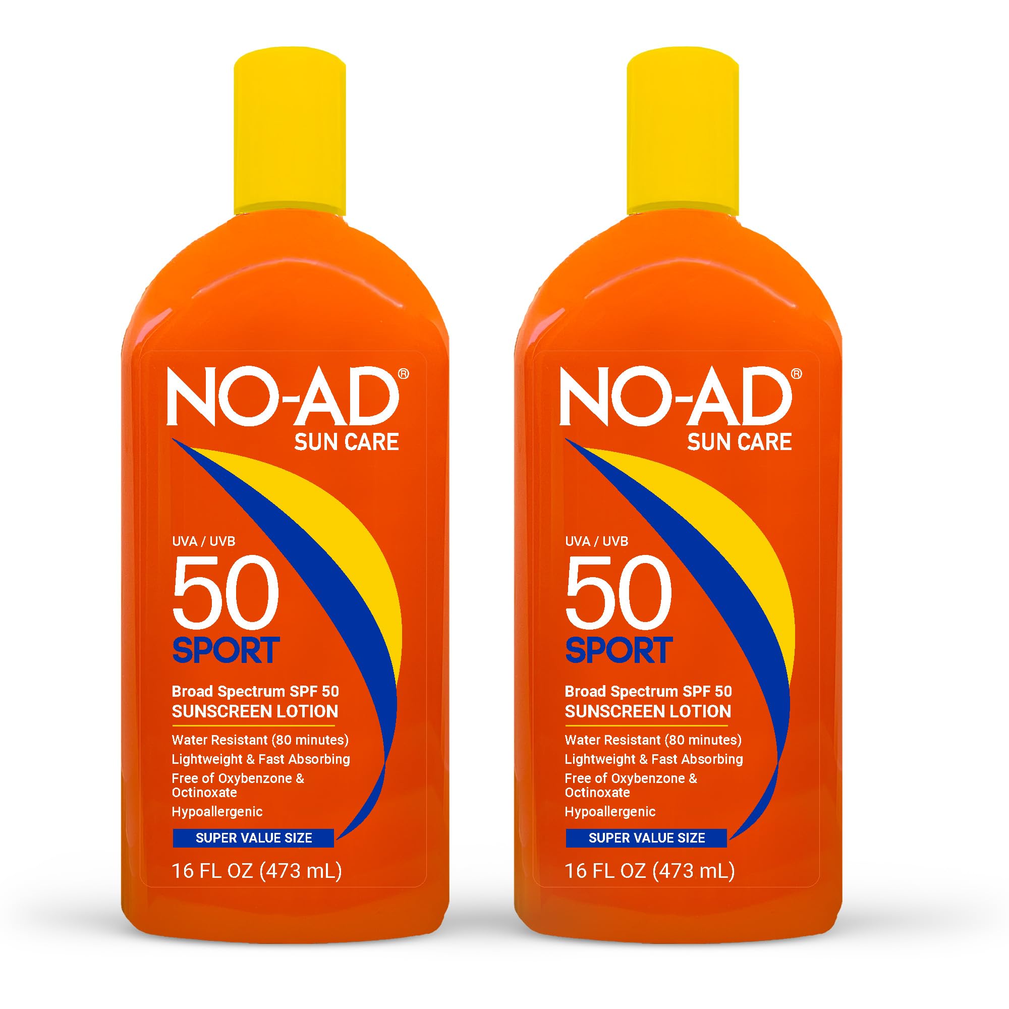 NO-AD SPF 50 SPORT Sunscreen Lotion – Hypoallergenic, Broad Spectrum UVA/UVB, Water Resistant, 16oz Pack of 2